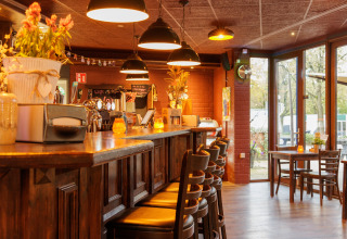 Cozy bar inside a safari tent with wooden counter, barstools, warm lighting, and outdoor views.
