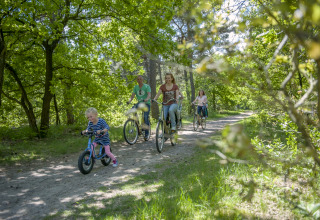 Gezin fietst in het groen vlak bij een safaritent op een zonnige dag, genietend van de natuur.