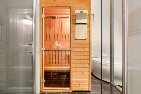 Moderne Sauna mit Holzwänden und Glastür im Water park De Bloemert 7-Lodge in den Niederlanden.