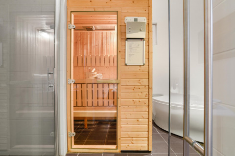 Moderna sauna interna con pannelli in legno e porta in vetro al lodge Water park De Bloemert 7 nei Paesi Bassi.