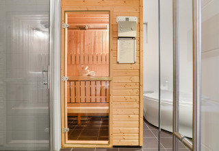 En moderne indendørs sauna med træpaneler og glasdør i Water park De Bloemert 7-lodgen i Holland.