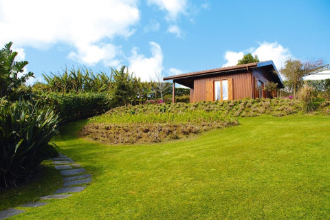 Groene heuvel met stenen pad en houten lodge bij Holiday homes Quinta dos Curubás in Portugal.