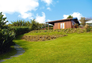 Groene heuvel met stenen pad en houten lodge bij Holiday homes Quinta dos Curubás in Portugal.