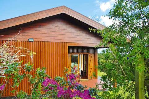 Knusse houten bungalow met terras omringd door bloemen en groen bij Quinta dos Curubás in Portugal.