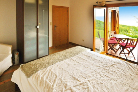 Slaapkamer in Holiday homes Quinta dos Curubás, Portugal, met bed, kast en uitzicht op terras met stoelen buiten.