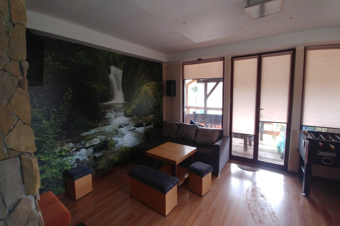 Salon de House Gajewo avec fresque murale de cascade, mobilier moderne et grandes fenêtres lumineuses.