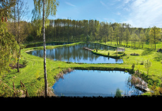 Vue sur House Gajewo à Podlasie, Suède, montrant des étangs, pelouses verdoyantes et une forêt en arrière-plan.