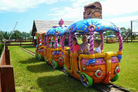 Kinderen maken een ritje in een kleurrijke minitrein bij een glampingverblijf met groen gras en hekjes.