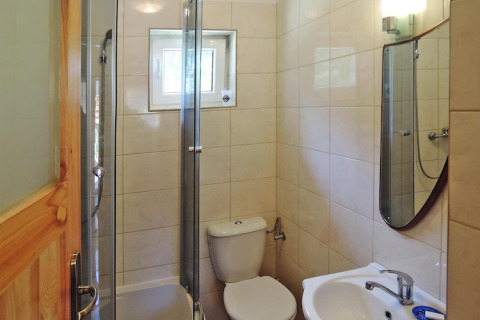 Small bathroom with shower, toilet, sink and mirror in a holiday lodge for 5 people in Wiselka, Germany.