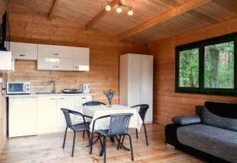 Intérieur de maison de vacances en Allemagne avec kitchenette, table à manger, canapé et grande fenêtre sur la forêt.