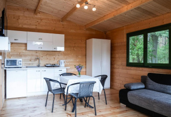 Gemütliches Ferienhaus mit Holzwänden, moderner Küche, Esstisch, Sofa und Ausblick auf Wald in Deutschland.