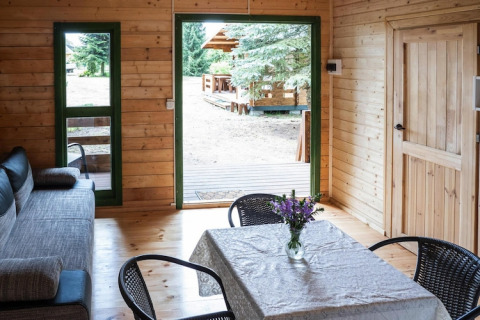 Interior of a wooden holiday home with sofa, dining table, and open door leading to outdoor deck view.