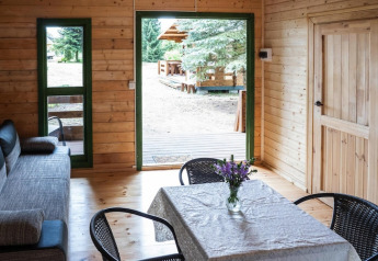 Interieur van een houten vakantiehuis met bank, eettafel en open deur naar het terras buiten.