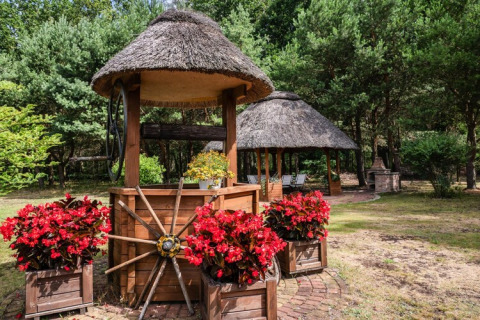Maison nature au toit de chaume, puits et fleurs rouges vives à Kodrabek, Allemagne, entourée de forêt.