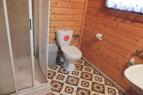 Bagno con pareti in legno, doccia, WC, lavandino e finestra presso Bungalows Lubin Type A Jolanta.
