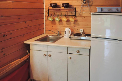 Compact wooden cabin kitchenette with sink, stove, electric kettle, cups, and fridge in Germany.