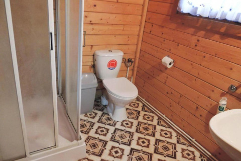 Salle de bain en cabine boisée avec douche, toilettes, lavabo, sol à motifs et fenêtre avec rideau.