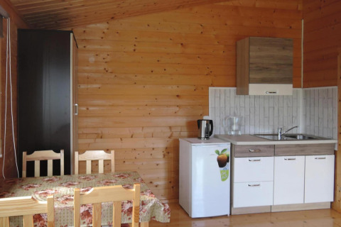 Cozy wooden cabin kitchen in Germany featuring a small table, chairs, mini fridge, sink, and cabinets.