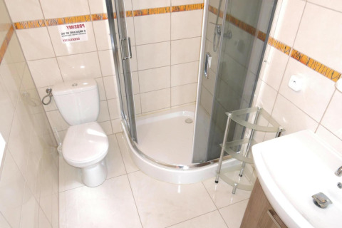 Baño luminoso con ducha, inodoro, lavabo y estante de vidrio en la cabaña At słonecznikiem en Alemania.
