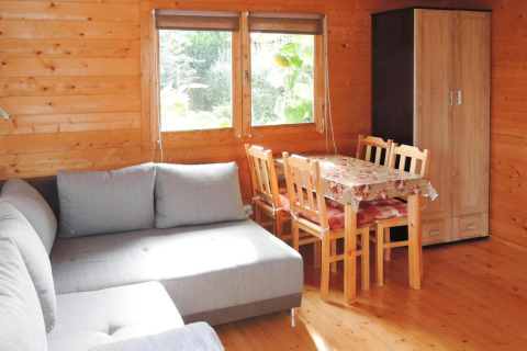 Cozy cabin interior at “słonecznikiem” in Germany with gray sofa, dining table, chairs, and wardrobe.