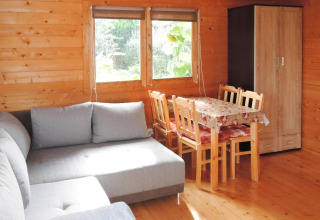 Cozy cabin interior at “słonecznikiem” in Germany with gray sofa, dining table, chairs, and wardrobe.