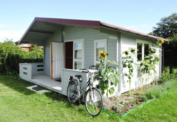 Acogedora cabaña de madera con bicicleta y girasoles fuera, tomada en At «słonecznikiem» en Alemania.