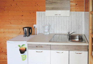 Compact kitchen with wood paneling, sink, kettle and fridge at At «słonecznikiem» cabin in Germany.