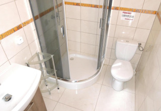 Bright bathroom with corner shower, toilet, sink, and a small shelf, photographed in a cabin setting.
