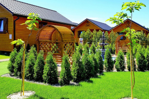 Holiday resort with pool Wiselka-35 sqm Type A in Germany, manicured garden, wooden chalets, and hedges.