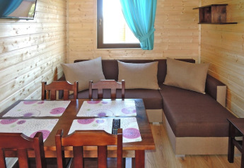Gezellige woonkamer in vakantieverblijf Wiselka Type A in Duitsland, met houten muren en eethoek.