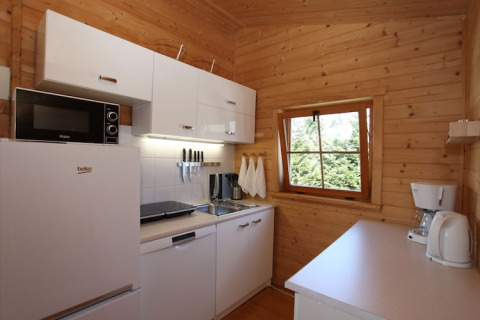 Modern small cabin kitchen with white cabinets, appliances, wooden walls, and a window viewpoint.