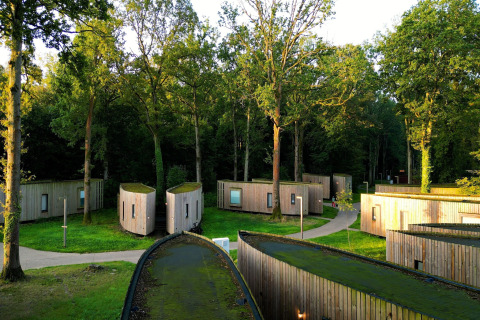 Modern tiny wooden houses at The Lodge by YourNature surrounded by lush trees and winding paths.