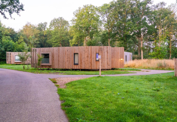 Tiny house moderne à façade bois dans un parc verdoyant, entourée d’arbres et de sentiers sinueux.