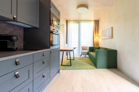 Moderne glampingindkvartering med gråt køkken, grøn sofa og stort vindue i The Lodge by YourNature.
