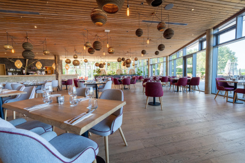 Lyse, moderne restaurant med træloft, store vinduer og udsigt over naturen på et glamping sted.