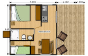 Floor plan of a safari tent showing two bedrooms, a bathroom, kitchen, dining area, and a wooden deck.