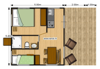 Plan d’une tente safari avec deux chambres, salle de bain, cuisine, salle à manger et terrasse en bois.