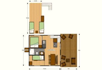 Plattegrond van een safaritent lodgetent met sanitair, keuken, eetruimte, slaapkamers en terras.