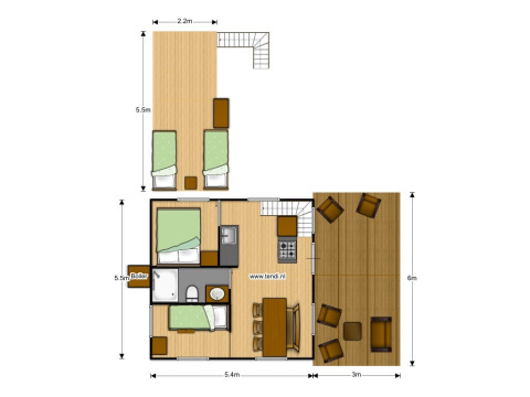Plan d’une tente lodge safari avec sanitaires, cuisine, espace repas, chambres et terrasse extérieure.