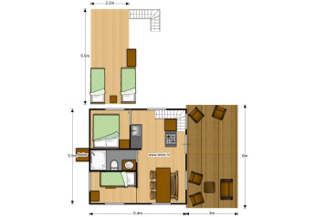 Plantegning af en safari lodgetelt med badeværelse, køkken, opholdsområde og soveværelser.