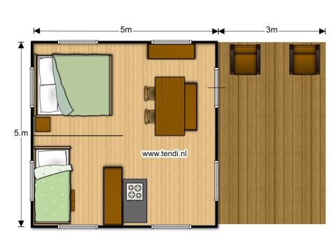 Plattegrond van een safaritent met slaapplaatsen, eettafel, keuken en terras met twee stoelen buiten.