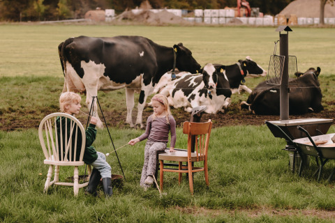 Two children roast marshmallows by a fire pit near grazing cows at Feather Down De Oude Melkstal, Netherlands.