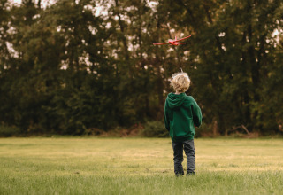 A child in a green hoodie flies a red toy airplane on a grassy field near woods in North Brabant, Netherlands.