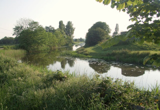 Río tranquilo junto a un alojamiento glamping, rodeado de árboles verdes y prados exuberantes.