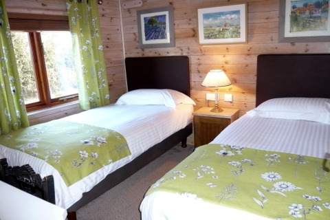 Accogliente camera doppia con accenti verdi floreali e pareti di legno al Rainbow Petty lodge nel Regno Unito.