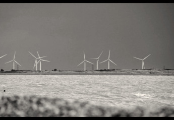 Foto en blanco y negro de aerogeneradores en la costa tomada desde Rainbow Petty lodge en Reino Unido.