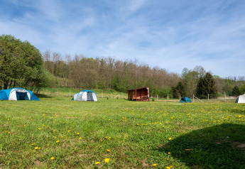 Tents and a wooden bungalow on grassy field at Robinzonski Kamp Hofman, Croatia, surrounded by trees and sky.