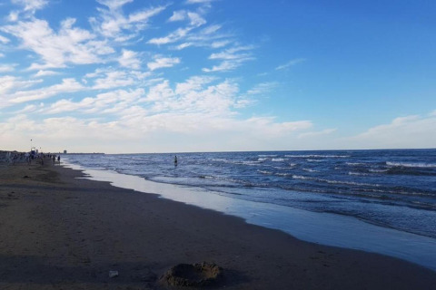 Playa tranquila con olas suaves, cielo azul y personas cerca de una zona de casas móviles frente al mar.