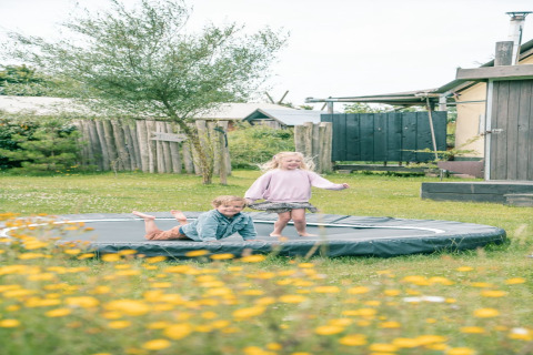 Due bambini giocano su un trampolino in un giardino con fiori selvatici vicino a un'accogliente lodge estiva.