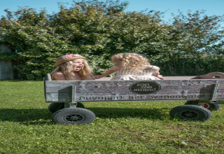 Due bambini giocano felici in un carretto di legno sull’erba al lodge Duynpark het Zwanenwater.